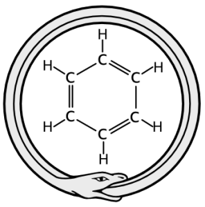A combination of the Ouroboros image and the benzene structural diagram