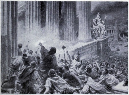 The Burning of the Library at Alexandria in 391 AD, an illustration from 'Hutchinsons History of the Nations', c. 1910