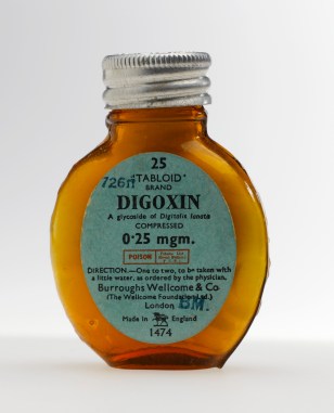 L0058212 Bottle of digoxin tablets, 'Tabloid' brand, London, England,
